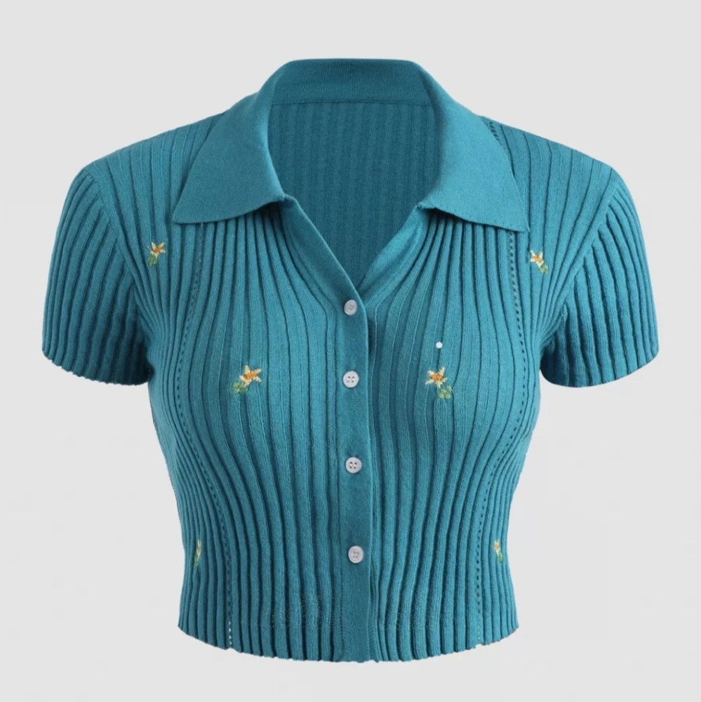 Flower Print Collar Knitted Top - CIDER (M)